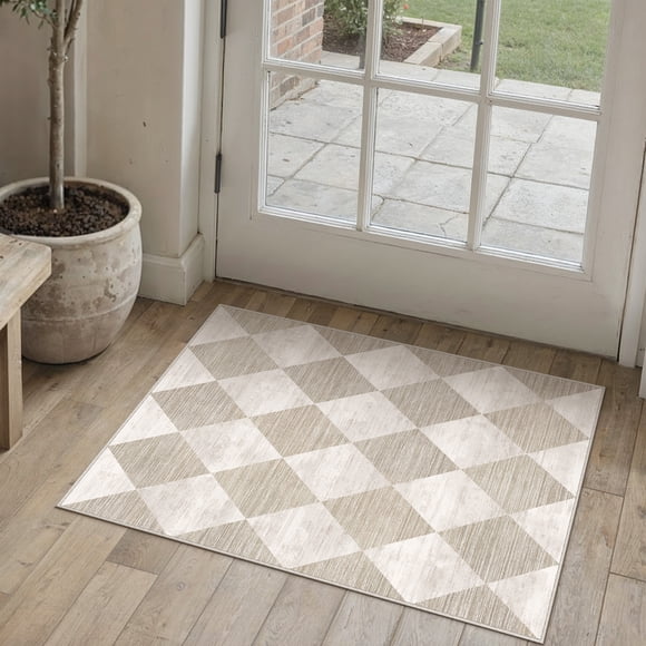 BERTHMEER 2'x3' Small Area Rugs for Doorway Bedroom Entryway Kitchen Dorm Entrance Geometric Contemporary Rhombus Checkered Non Slip Washable Rugs Tapis,Beige