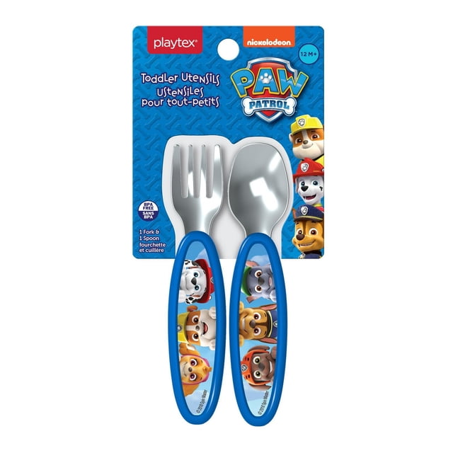 Playtex® Paw Patrol™ Fork & Spoon toddler utensils set with blue handles featuring colorful Paw Patrol character graphics, stainless steel fork with four tines and shallow spoon designed for easy scooping, BPA-free, packaged on a blue card with branding.