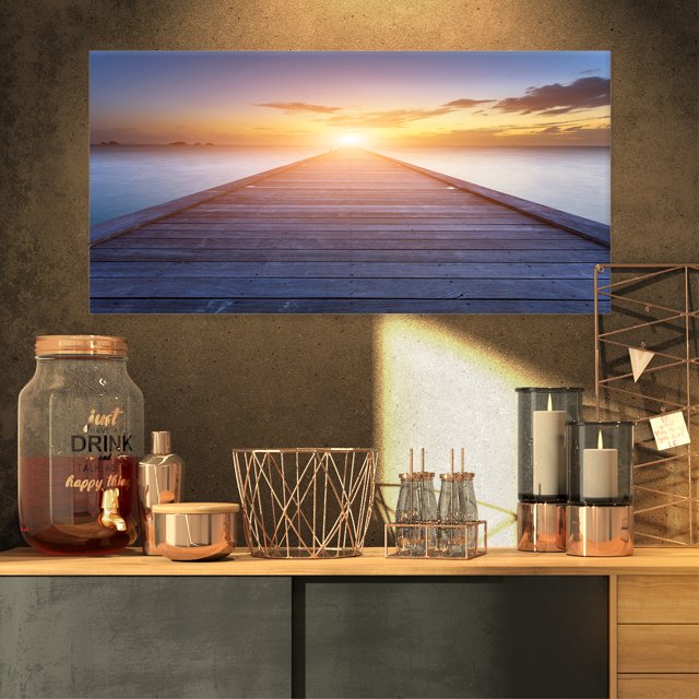 Wooden Pier to Bright Evening Sun - Sea Bridge Canvas Art Print