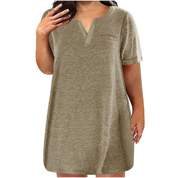 Women's Casual Dress, Summer Short Sleeve Dress with V Neck and Oversized Loose Fit, Knee Length T-Shirt Dress for Daily Wear