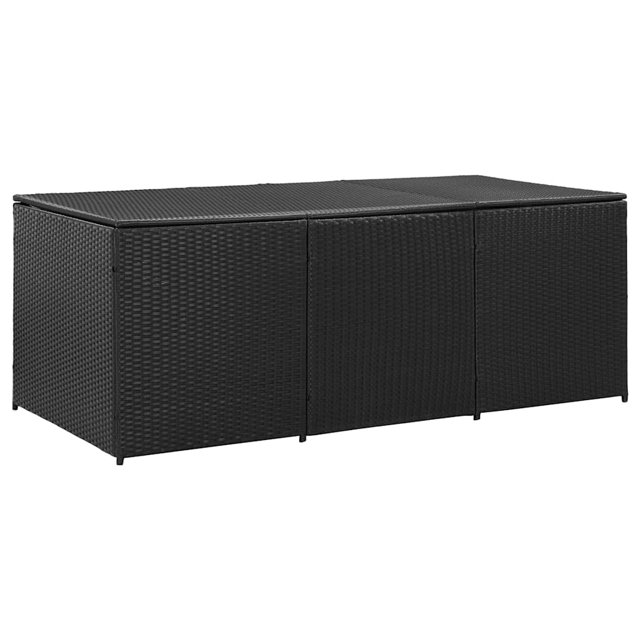 vidaXL Coffre de Rangement de Jardin en Rotin Poly 180x90x70 cm Noir. un Grand Coffre de Rangement Extérieur en Rotin Polyéthylène durable et Résistant aux Intempéries avec Cadre en Acier Enduit de Poudre. Doté d'Un Mécanisme à Levage au Gaz pour une Ouverture Facile du Couvercle, de Pieds Surélevés pour Protéger de l'Humidité et d'Un Doublure en PE pour Garder le Contenu Propre et Sec. Idéal pour Ranger des Coussins de Jardin, des Jouets de Piscine et Autres Essentiels d'Extérieur.