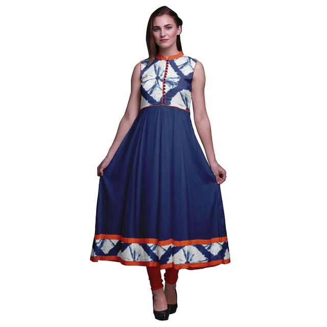 Bimba Robe Shibori Anarkali Bleu Indigo Col Mandarin Sans Manches Kurtis pour Femmes Imprimé Robe Maxi Moyen