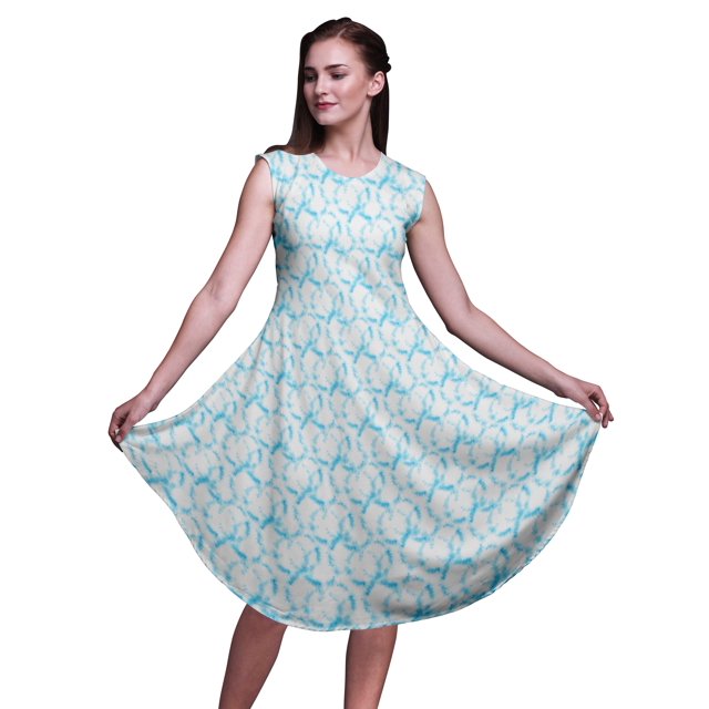 Bimba Robe d'Été Droite Sans Manches pour Femmes à Imprimé Teinture sur Nœuds Bleu Rayons, Longueur Genou - Grand
