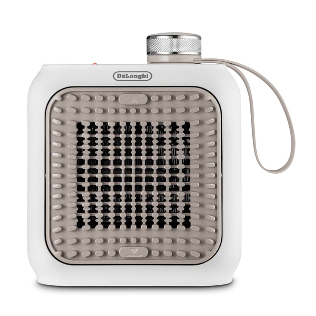 DeLonghi Capsule Solo Personal Ceramic Heater, compact white portable space heater with beige raised-dot front grille and silver textured control knob. Features cool-touch handle, tiltable grid, energy-efficient 360-watt operation, and built-in thermal shut-off and tip-over safety switches.
