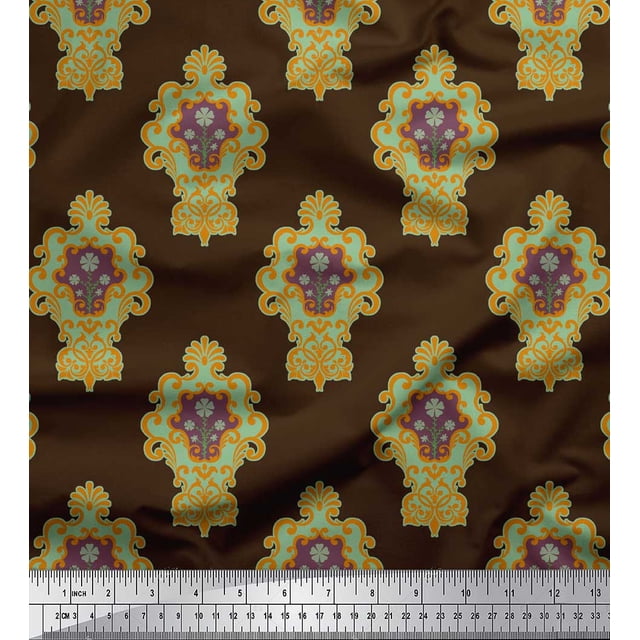 Soimoi Brown Heavy Satin Fabric Floral Damask Print Fabric by the Yard 54 Inch Wide