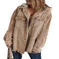 thumbnail image 1 of Womens Corduroy Shacket Jacket Long Sleeve Button Down Color Block Hooded Coat with Pockets, 1 of 7