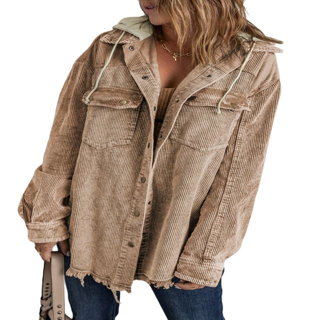 Womens Corduroy Shacket Jacket Long Sleeve Button Down Color Block Hooded Coat with Pockets
