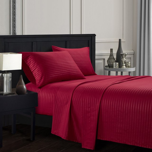 YYAO Queen Size Luxurious Striped Sheet Set for Home Hotel, 4 Piece, Wine Red
