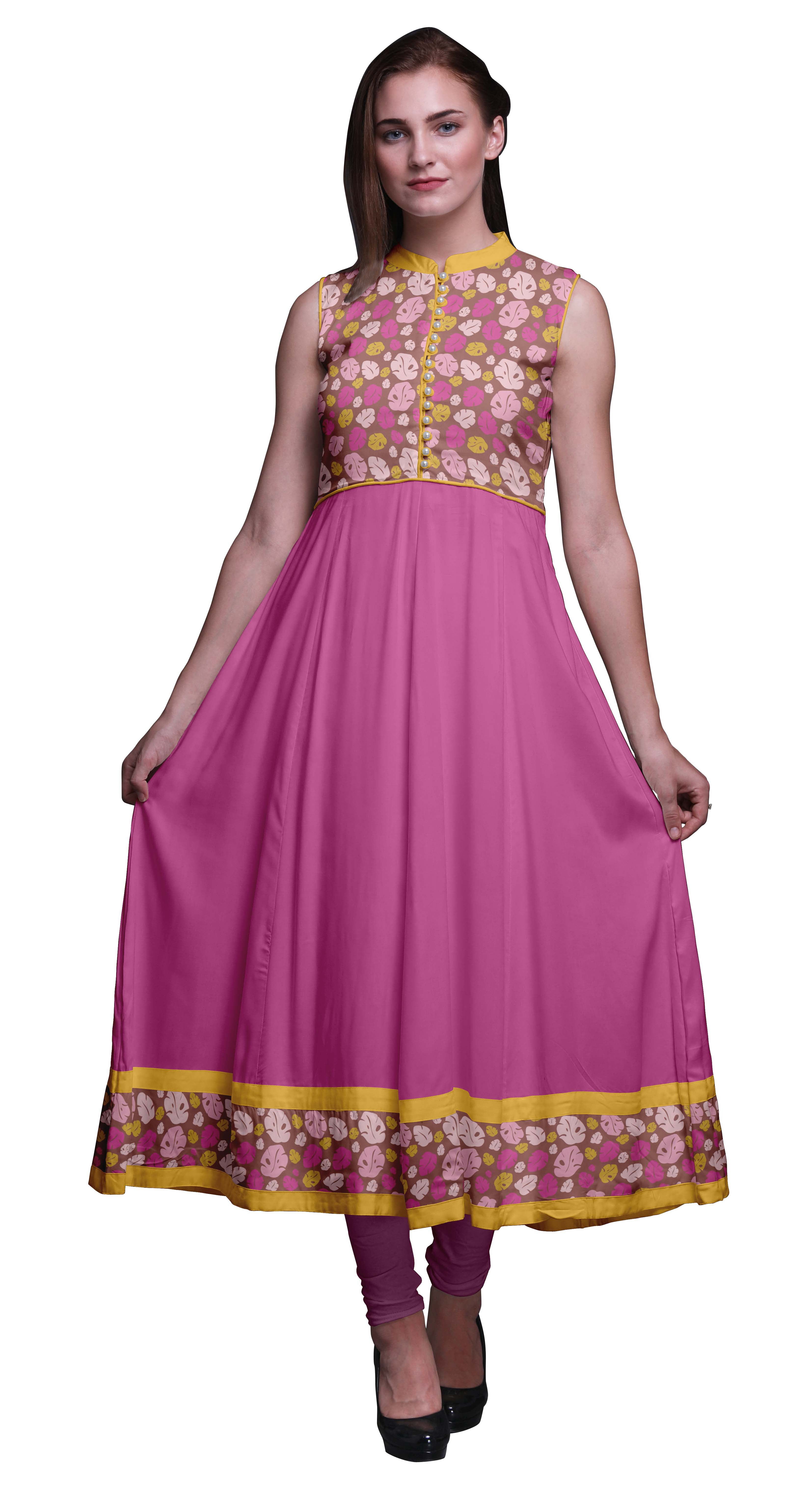 Bimba Kurti Longue Indienne à Feuilles Mauves pour Femmes Tenue de Fête Imprimée Sans Manches Robe Anarkali Kurti Grande