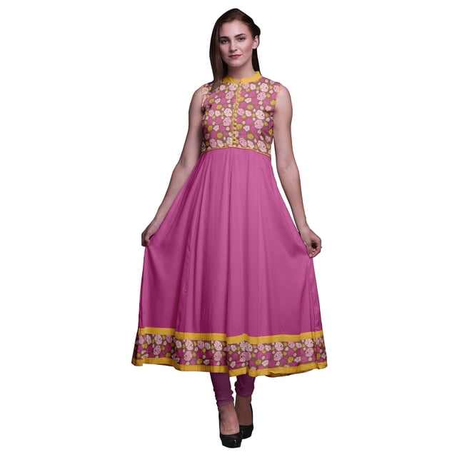 Bimba Robe Anarkali à Col Mandarin Imprimée de Feuilles Mauves pour Femmes, Designer, Kurta Ethnique Indienne XXX-Large