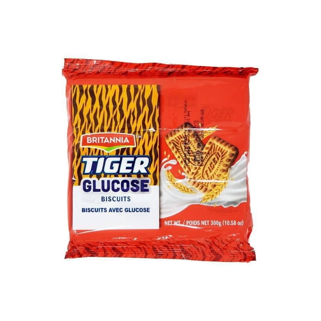 Britannia Tiger' Tiger Emballage de biscuits au Glucose avec Motif Rouge et Tiger-Rayé, Montrant Deux biscuits Rectangulaires au Glucose Embossés avec « Partiellement Trempés dans le Lait aux Côtés d'Épis de Blé, Poids net 300 g (10,58 oz), Enrichis de Vitamines et de Minéraux.