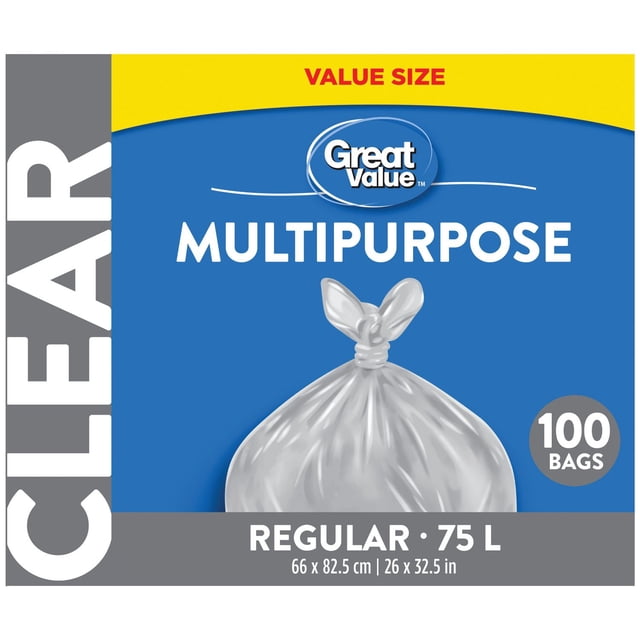 Great Value Regular Clear Multipurpose Bags packaging with a tied clear garbage bag illustration on a blue and yellow background, labeled value size with 100 bags, each 66 by 82.5 cm (26 by 32.5 inches) and 75 L capacity, ideal for recycling and household storage.