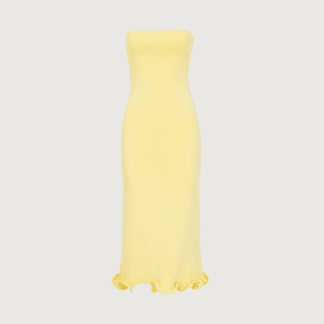 Nouvelle Robe Mini Tricotée à Contraste de Couleurs, Robe Chandail Ajustée Élégante pour Femme pour Fête. une Robe maxi Tricotée Jaune Sans Bretelles à Coupe Ajustée, avec un Ourlet à Volants. Idéale pour les Fêtes, les Soirées Ou les occasions Formelles.