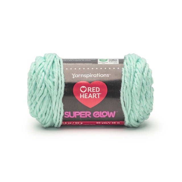 Red Heart® Super Glow™ #4 Worsted (Medium) Polyester Yarn in mint green, 1.8 oz (50 g) skein with 50 yards (46 m), featuring smooth twisted strands and a black label with red heart logo and pink 'Super Glow' text, ideal for glowing craft projects and accessories.