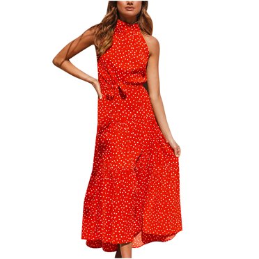 Fridja Womens Summer Halter Sleeveless Print Evening Sling Long Dress