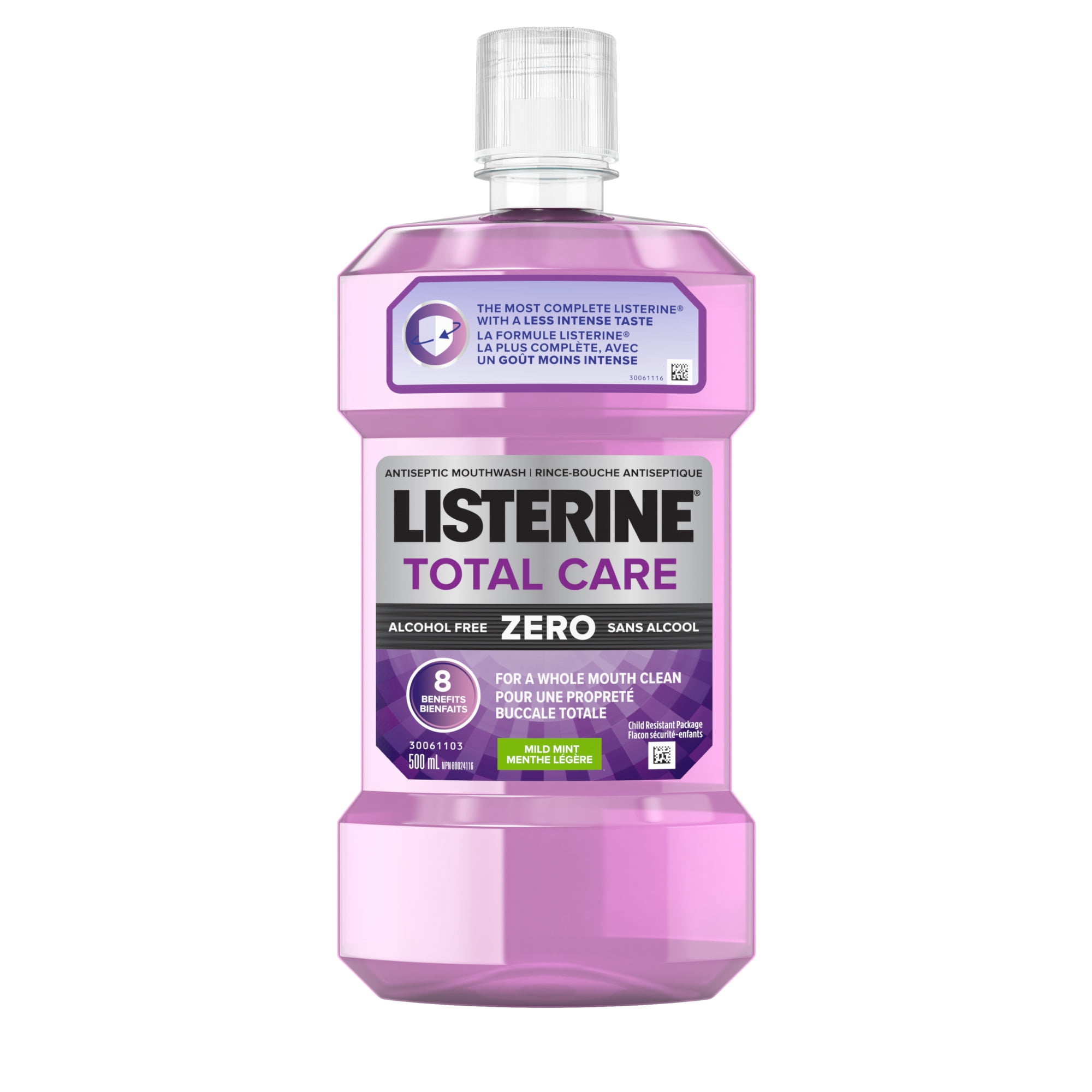 Rince-bouche Listerine sans alcool et au fluorure, Total Care Zero, 8 bienfaits pour éliminer les germes responsables de la mauvaise haleine, de la plaque dentaire et de la gingivite, 500 ml