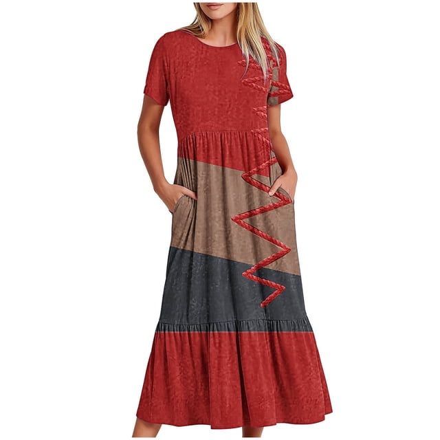 FAIWAD Robe à Manches Courtes pour Femme Grande Taille, à Blocs de Couleur, Robe d'Été Décontractée, Fluide, Coupe Trapèze, avec Poches