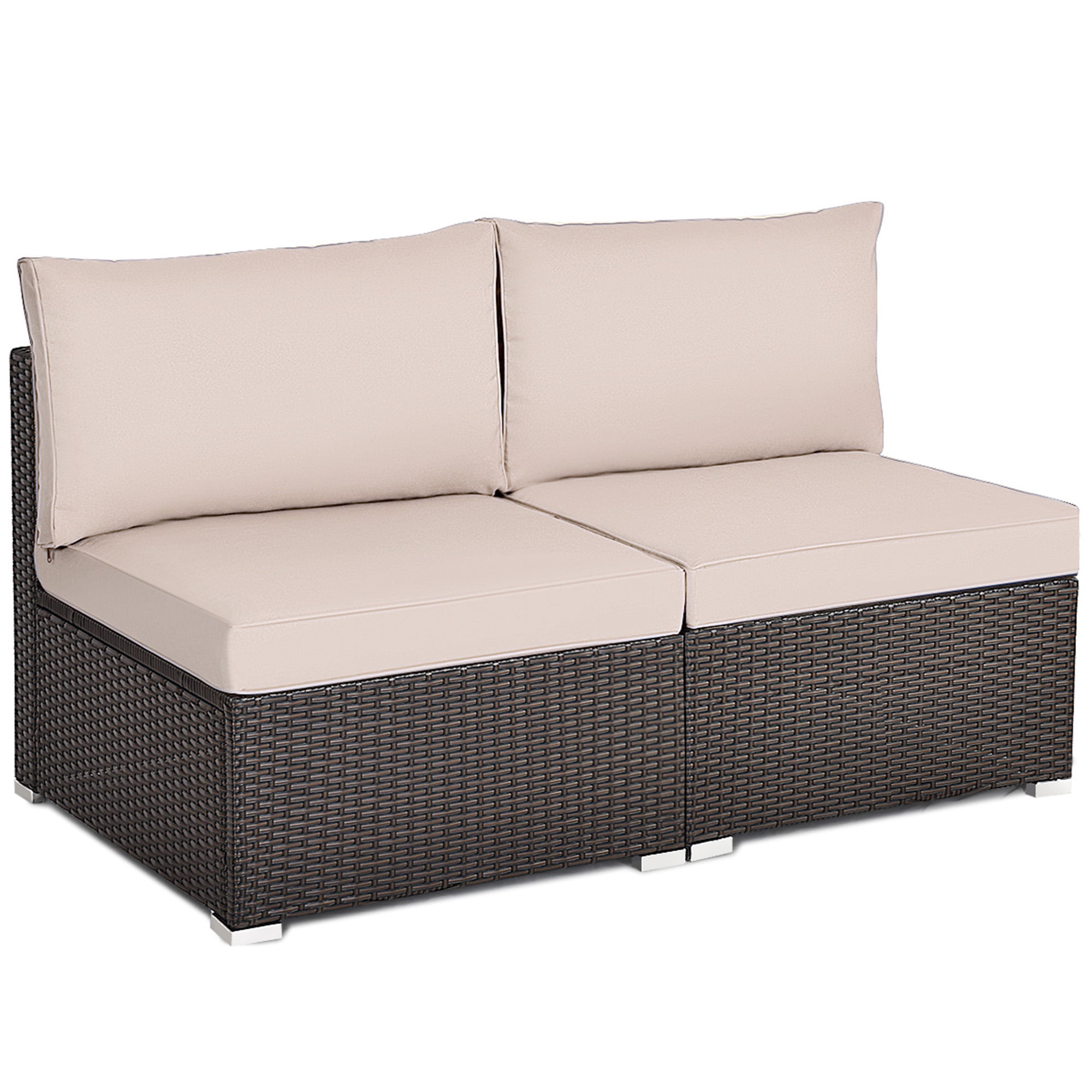 Patiojoy 2-Piece Outdoor Wicker Rattan Sectional Armless Sofa Chair with Brown Cushions