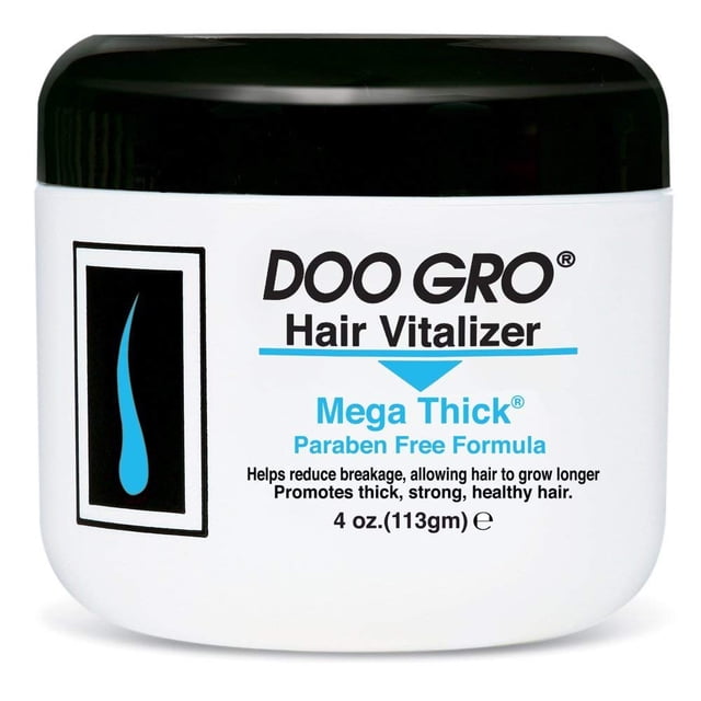 Doo Gro Hair Vitalizer Mega Thick Paraben Free Formula in a 4 oz jar. The product is designed to help thicken and strengthen weak and damaged hair with a blend of vitamins, pure herbs, shea butter, and botanical thickeners. Suitable for all hair types, including natural, color-treated, and relaxed hair. The white jar features bold black and blue text with a black lid.