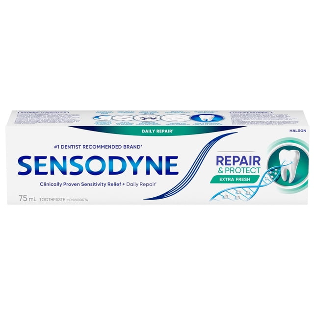 Sensodyne Repair and Protect Extra Fresh Toothpaste for Sensitive Teeth, 75 mL, white rectangular box with blue and green branding, featuring a tooth graphic with a DNA strand symbolizing repair and protection, clinically proven for sensitivity relief and daily repair.