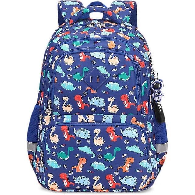 Kids Backpack Primary School Backpacks Middle School Kids Backpack Student Backpack Boys Backpacks Girls Backpack School Bag with Multi Pockets. This blue backpack features a vibrant dinosaur pattern with multiple compartments, including a main pocket for laptops or clothes, a secondary pocket for books and pens, a front pocket for small items, and side pockets for water bottles or umbrellas. Made of water-repellent polyester, it includes reflective strips for visibility, a chest buckle with an emergency whistle, and breathable padded straps for comfort. Dimensions: 32 x 14 x 43 cm.