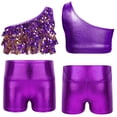thumbnail image 1 of Oyolan Big Girls Gymnastic Workout Set 2PCS Crop Tops with Shorts 4-16 Years Sequins Dance Outfit Purple 6, 1 of 7