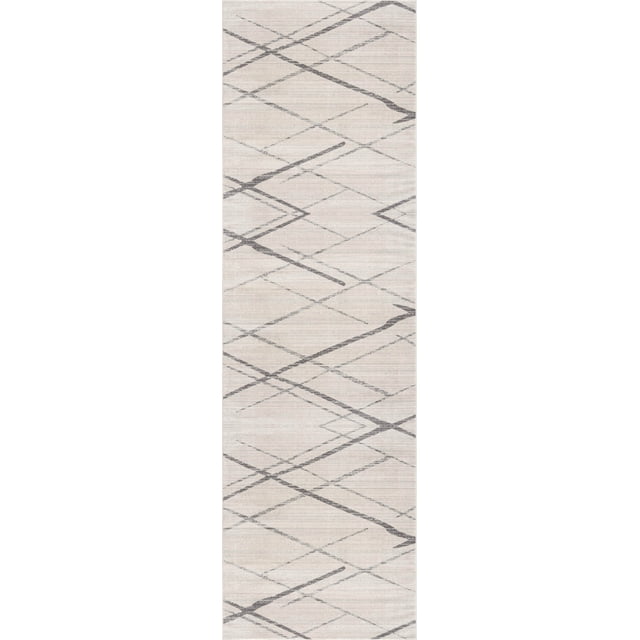 Rug Branch Savannah 2'3" x 7' abstract indoor runner rug in beige grey featuring intersecting dark grey geometric lines on a soft polypropylene medium cut pile, designed for entryways, hallways, and narrow spaces to add warmth and style.