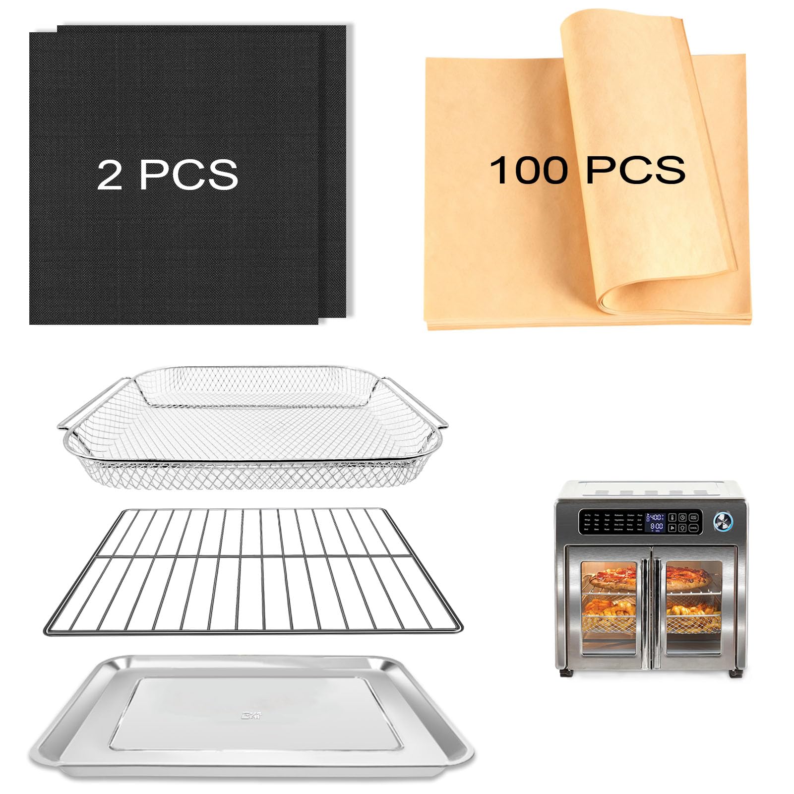 5-Piece Air Fryer Accessories Set for Emeril Lagasse 26QT, Includes Baking Pan, Air Fryer Basket, Rack, 2 Non-Stick Mats & 100 Parchment Papers, Stainless Steel Bakeware