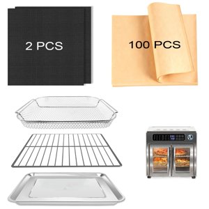 5-Piece Air Fryer Accessories Set for Emeril Lagasse 26QT, Includes Baking Pan, Air Fryer Basket, Rack, 2 Non-Stick Mats & 100 Parchment Papers, Stainless Steel Bakeware