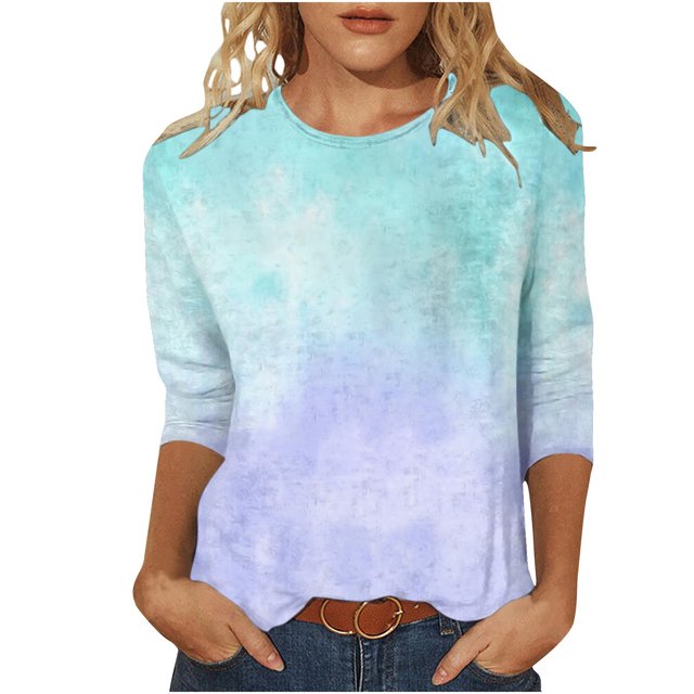 Besolor T-Shirts à Manches 3/4 pour Femmes, Tendance, Col Ras du Cou Teinture sur Nœuds, Hauts Décontractés Amples, Blouse T-Shirts pour Sorties