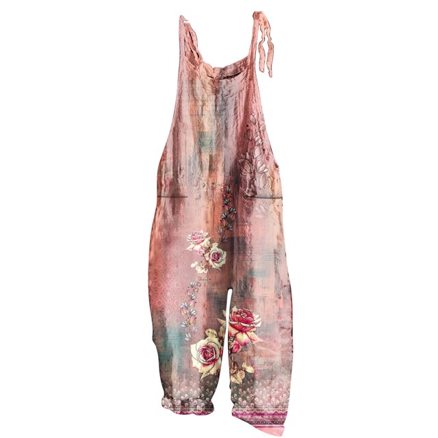 Penkiiy Combinaisons pour Femmes Dames Imprimé Été Sans Manches Dos Nu Ample Longue Combinaisons Rose TP Combinaisons