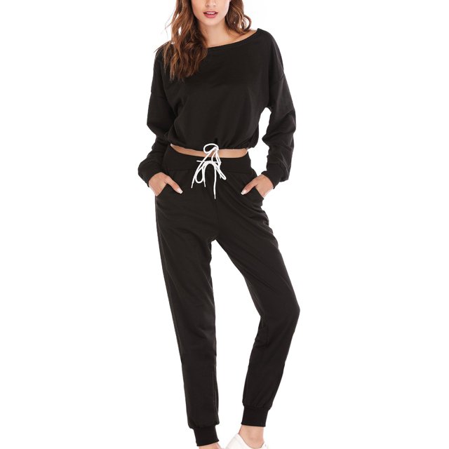 Ersazi Pyjamas pour Femmes Mode Féminine Col Rond Manches Longues Ensemble Chandail en Molleton et Pantalon en Liquidation Noir G