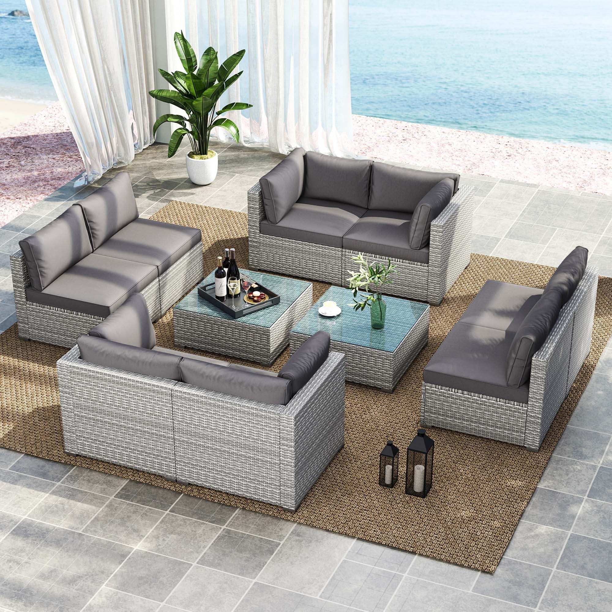 Costway Ensemble de Conversation en Rotin PE pour Terrasse Extérieure, Canapé Sectionnel 10 Pcs, Gris