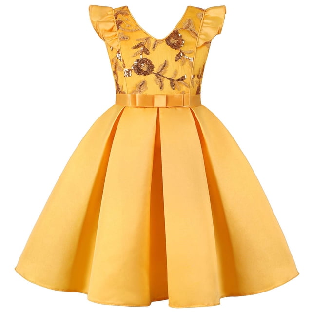 Robe de Fête pour Bébé Fille Robe à Paillettes pour Enfants Jupe à Manches Volantées Robe pour Fille Robe de Festival Robe de Princesse