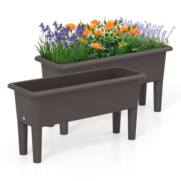 Patiojoy 2 PCS Raised Garden Beds Self-Watering Elevated Flower Box w/ Detachable Legs Water Drainage Hole Outdoor Raised Planter Box for Flowers Vegetables Fruits Herbs Coffee