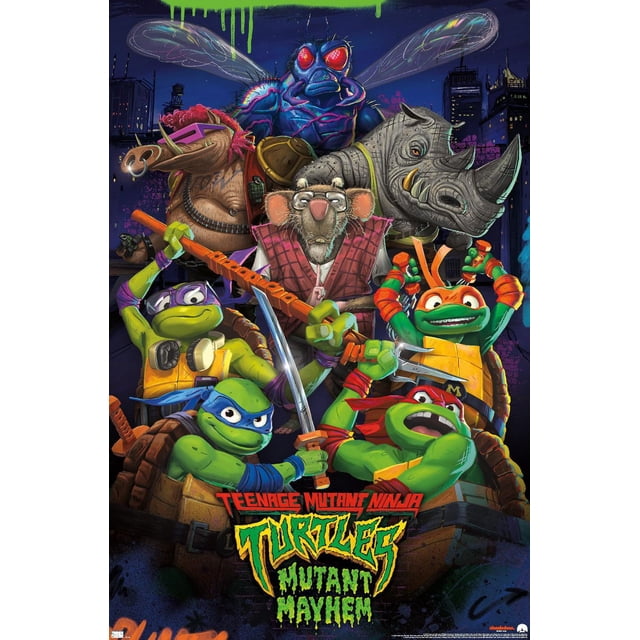 Mutant Les Tortues Ninja Mutante Chaos - Affiche Murale de Groupe Mettant en Vedette les Quatre Tortues Ninja avec Leurs Armes aux Côté d'Alliés Incluant une Grande Mouche Bleue, un Rhinocéros, un Phacochère aux Cheveux Roses et des Lunettes de Soleil, et un rat à Lunettes de Soleil dans un Gilet Rouge, Ensemble contre un Paysage Urbain Nocturne Sombre avec graffiti, Conçu comme art Mural vibrant Idéal pour la Déco de Chambre, Imprimé sur Papier d'Affiche Brillant.