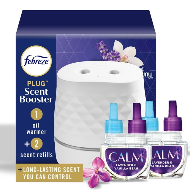 Febreze PLUG Scent Booster Starter Kit, White, Oil Diffuser, Air Freshener Plug In, Continuous Scent Device + 1 Downy Calm Refill