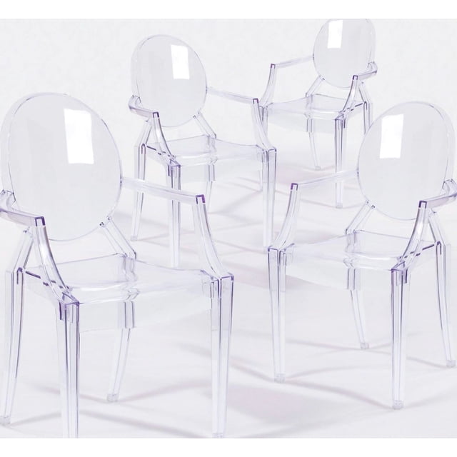 Vezo Ghost Chair with arm set of 4, crafted from transparent injection-molded plastic with a minimalist design. These iconic dining chairs feature oval backrests and armrests, ideal for modern kitchen or dining spaces. Often used as accent chairs in contemporary living rooms.