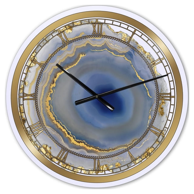 Designart 'Golden Water Agate' Oversized Fashion Wall Clock with a round glossy aluminum face featuring a blue and gold agate pattern, black hour and minute hands, gold Roman numerals on a reflective gold rim, ready to hang with included battery.