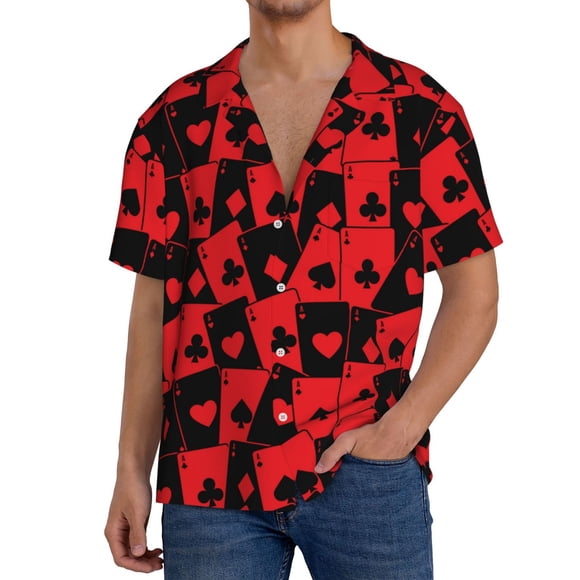 Vsdgher Playing Cards Print Men's Cuban Shirt, Hawaiian Shirts, Business Casual Button Down Shirts, Short Sleeve Shirt-4X-Large