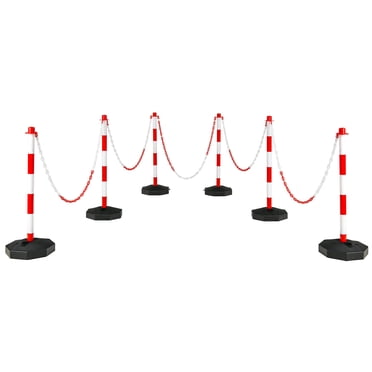 Gymax 6PCS Traffic Delineator Pole Safety Caution Barrier w/ 5ft Link Chains White & Red