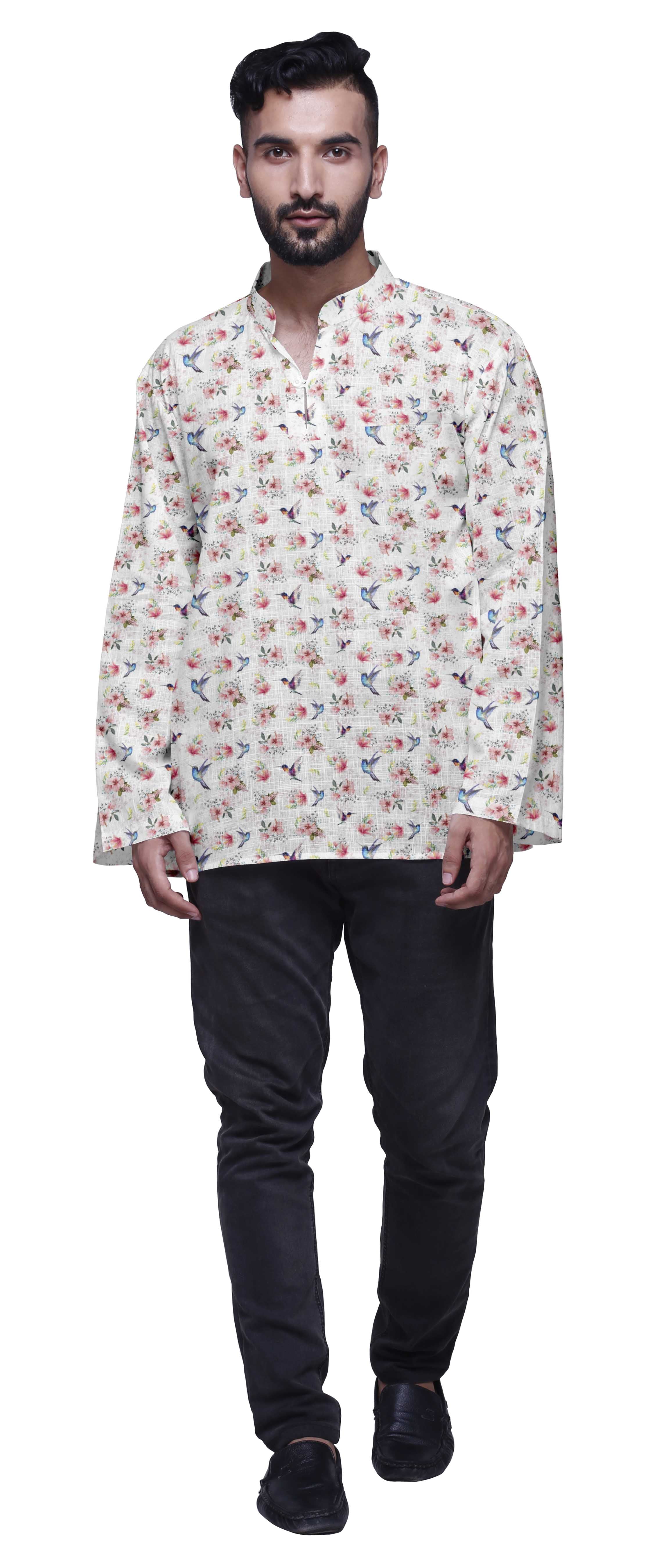 Atasi Kurta-Chemise pour Homme en Coton à Patte de Boutonnage, Kurta-Chemise Courte Décontractée Imprimée