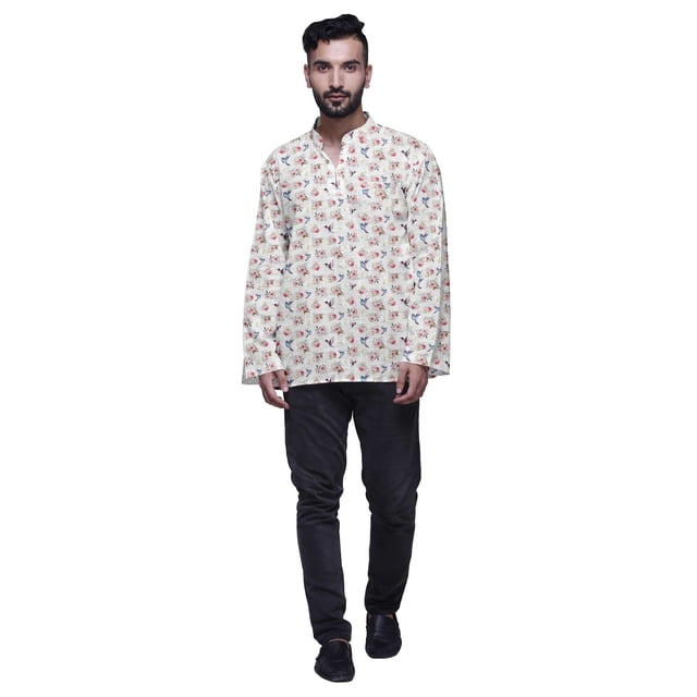 Atasi Kurta Traditionnel en Coton Imprimé à Col Mandarin pour Hommes Chemise Décontractée
