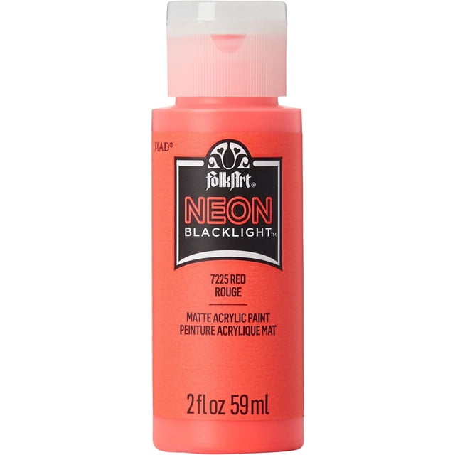FolkArt Neon Blacklight Acrylic Paint red, 2 fl oz (59 ml) bottle with matte finish, fluorescent acrylic paint suitable for crafts on wood, canvas, fabric, and more, glowing under blacklight and vibrant in normal light.