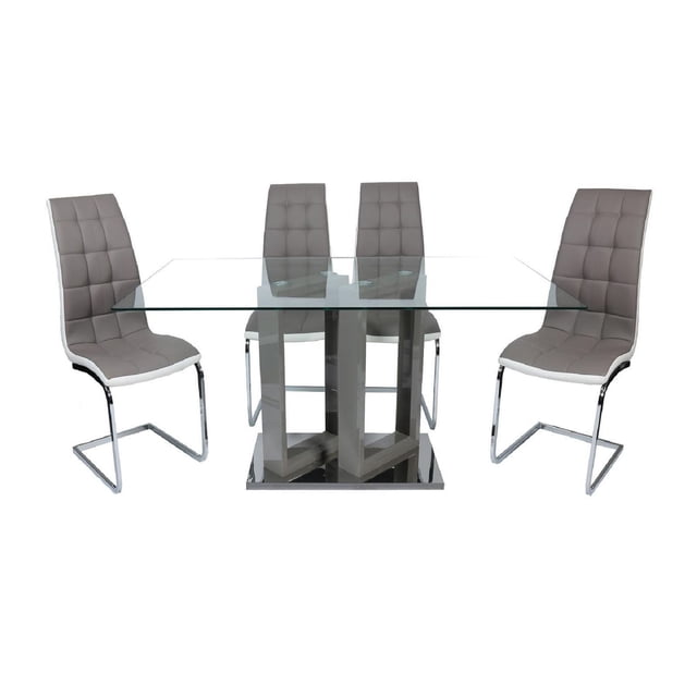 Canadian Maze Dining Table Wenge with 12mm tempered clear glass top, high gloss middle legs, and stainless steel base plate, accompanied by four grey cushioned dining chairs with white trim and chrome cantilever legs, designed for compact dining spaces in homes or apartments.