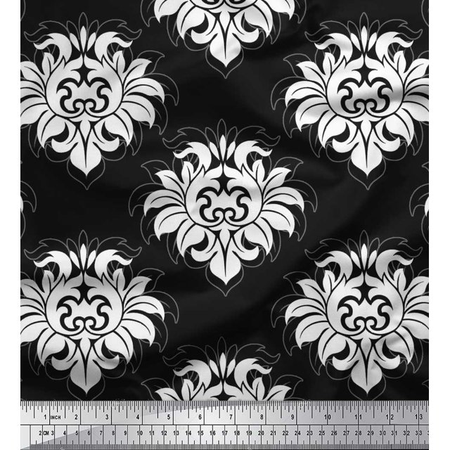 Soimoi polyester Crepe Fabric Seamless Baroque Damask Fabric Prints By Yard 52 Inch Wide