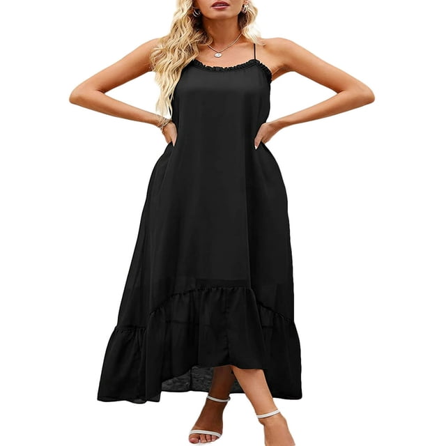 Robe Maxi Florale à Col en V pour Femmes, Robe Longue de Plage Ethnique à Bretelles Spaghetti Imprimée Boho Noire TG