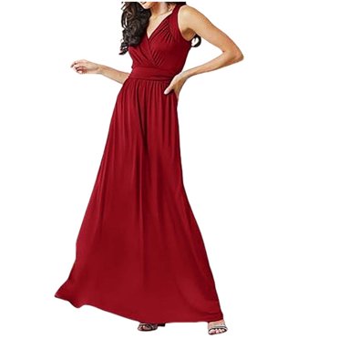 UPPADA Robes de Soirée Formelles 2025 pour Femmes Robe Maxi Cocktail Fête Col en V Sans Manches Invitée de Mariage Longue Robe Élégante Plissée Robes Amples Bordeaux,S