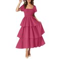 thumbnail image 1 of yoeyez Robes d'Été pour Femmes à Manches Courtes Volantées, Encolure Carrée, Robe Midi Smockée, à Étages, Plage, Vacances, Fluide, Coupe Évasée, Rose Vif, 2TG, 1 of 7