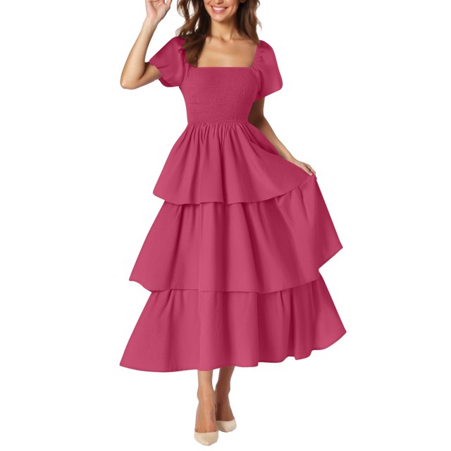 yoeyez Robes d'Été pour Femmes à Manches Courtes Volantées, Encolure Carrée, Robe Midi Smockée, à Étages, Plage, Vacances, Fluide, Coupe Évasée, Rose Vif, 2TG